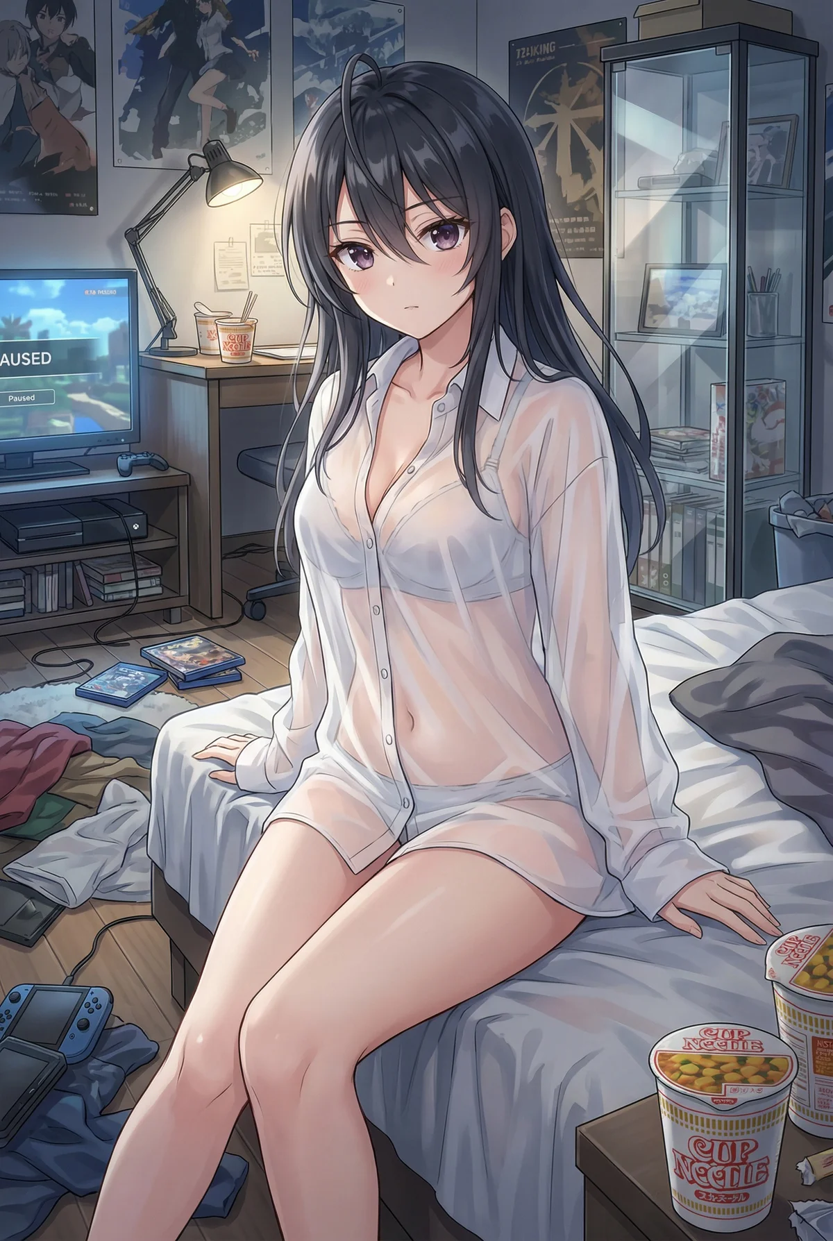 Ayano Kimijima from "Alya-san" relaxes on her bed in a sheer white shirt and underwear. Her cozy room, with gaming and instant noodles, offers a private, candid moment.