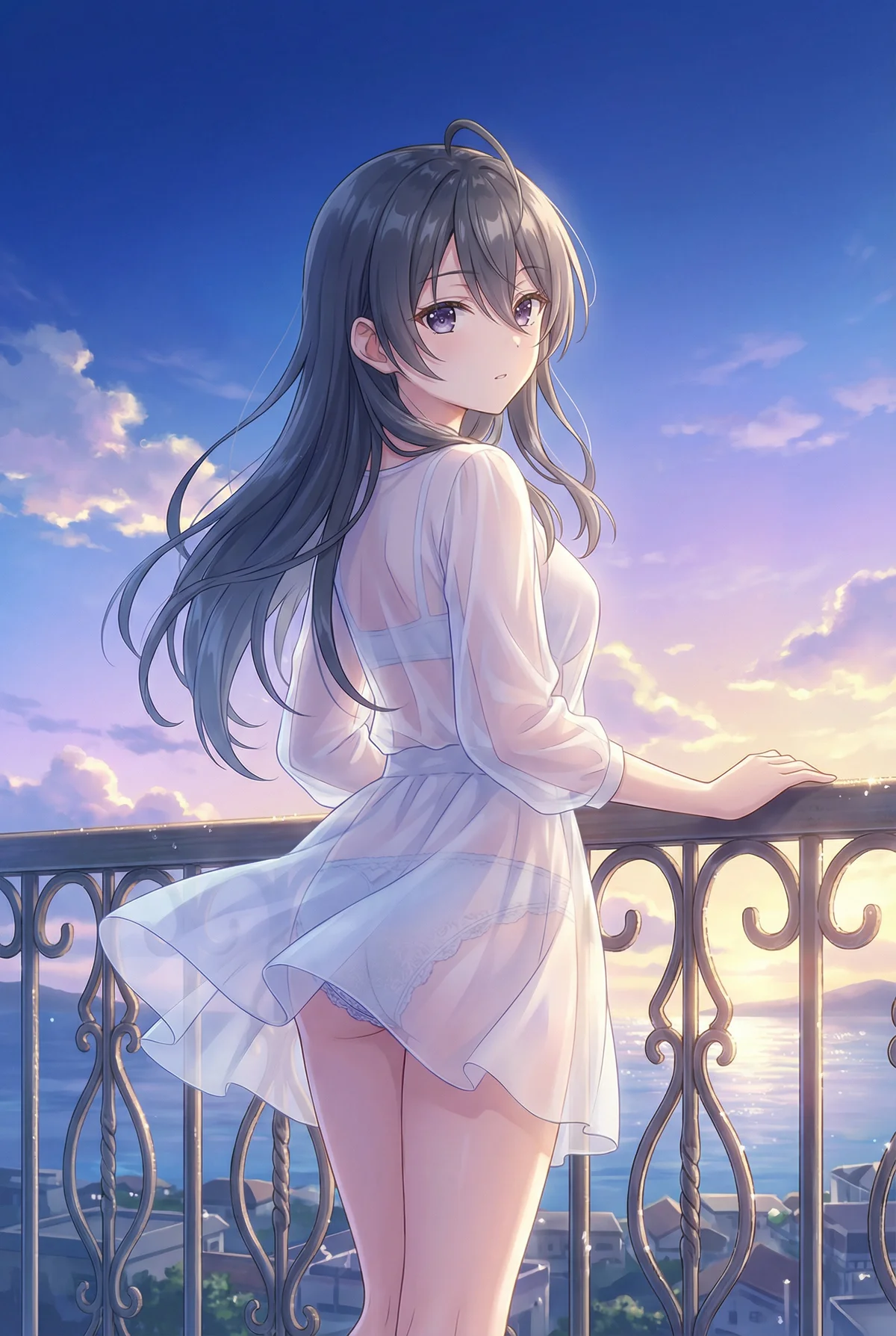 Ayano Kimishima from "Alya Sometimes Hides Her Feelings in Russian" (Roshidere) stands on a balcony at sunset. Her white sheer dress catches the soft light as she gracefully turns to look back, creating a captivating and beautiful scene by the sea.