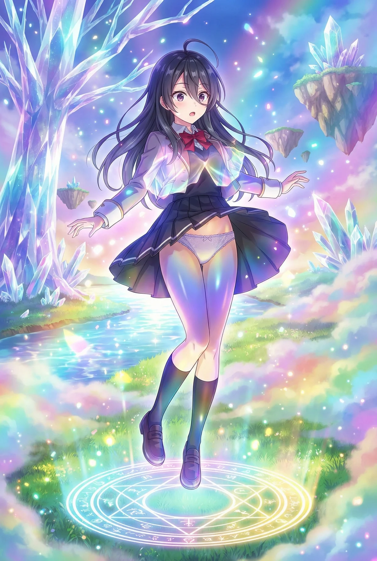 「ロシア語でデレる隣のアーリャさん」の君嶋綾乃が、虹色に輝くクリスタル幻想世界で魔法陣の上に優雅に浮遊。制服姿が幻想的な美しさを際立たせています。