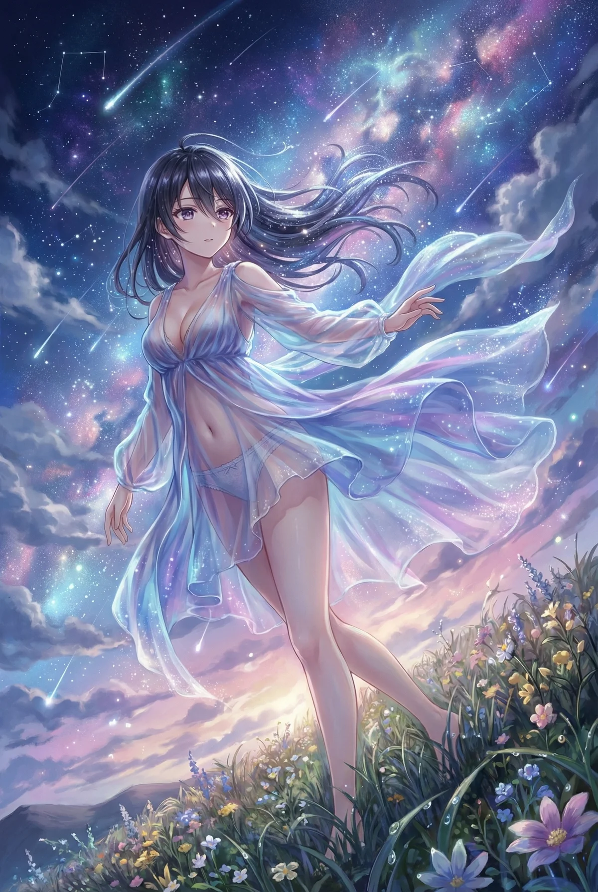 Ayano Kimishima from "Arya-san Who Sits Next to Me Sometimes Teases Me in Russian" stands under a magnificent starry sky. Her ethereal flowing dress and hair create a dreamlike, magical scene.