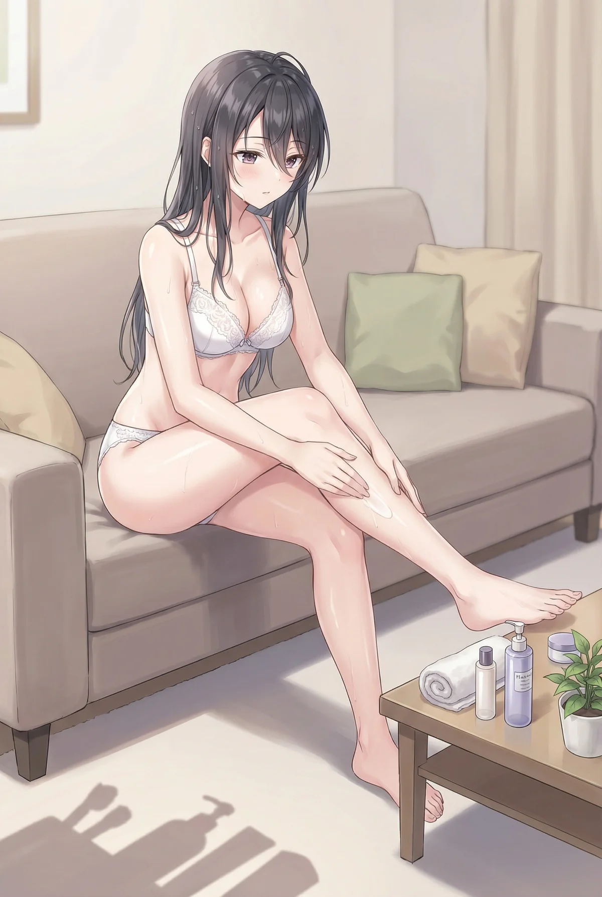 Ayano Kimishima (Roshidere) in white lingerie, applies lotion to her leg after a bath. A charming, private moment on the sofa.