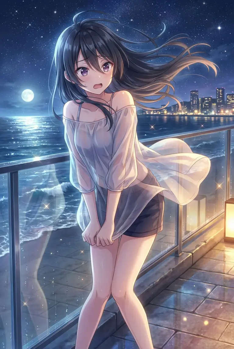 【君嶋 綾乃】月明かりのテラス、はにかむ夜風のいたずら