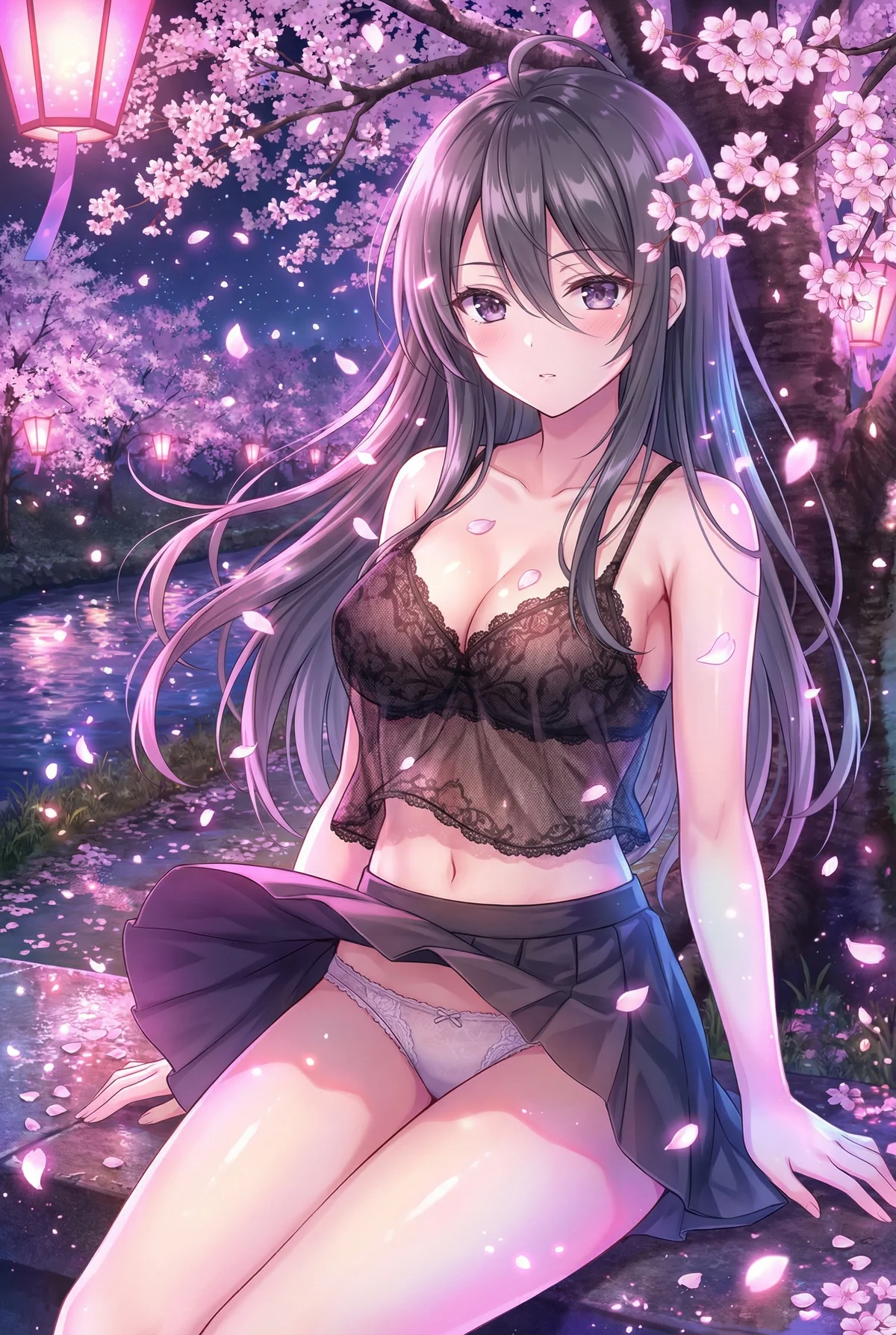 君嶋綾乃が夜桜と提灯の明かりの下、黒いランジェリーとスカートで可憐な姿を見せています。舞い散る桜の花びらが幻想的な、思わずドキッとする一枚です。