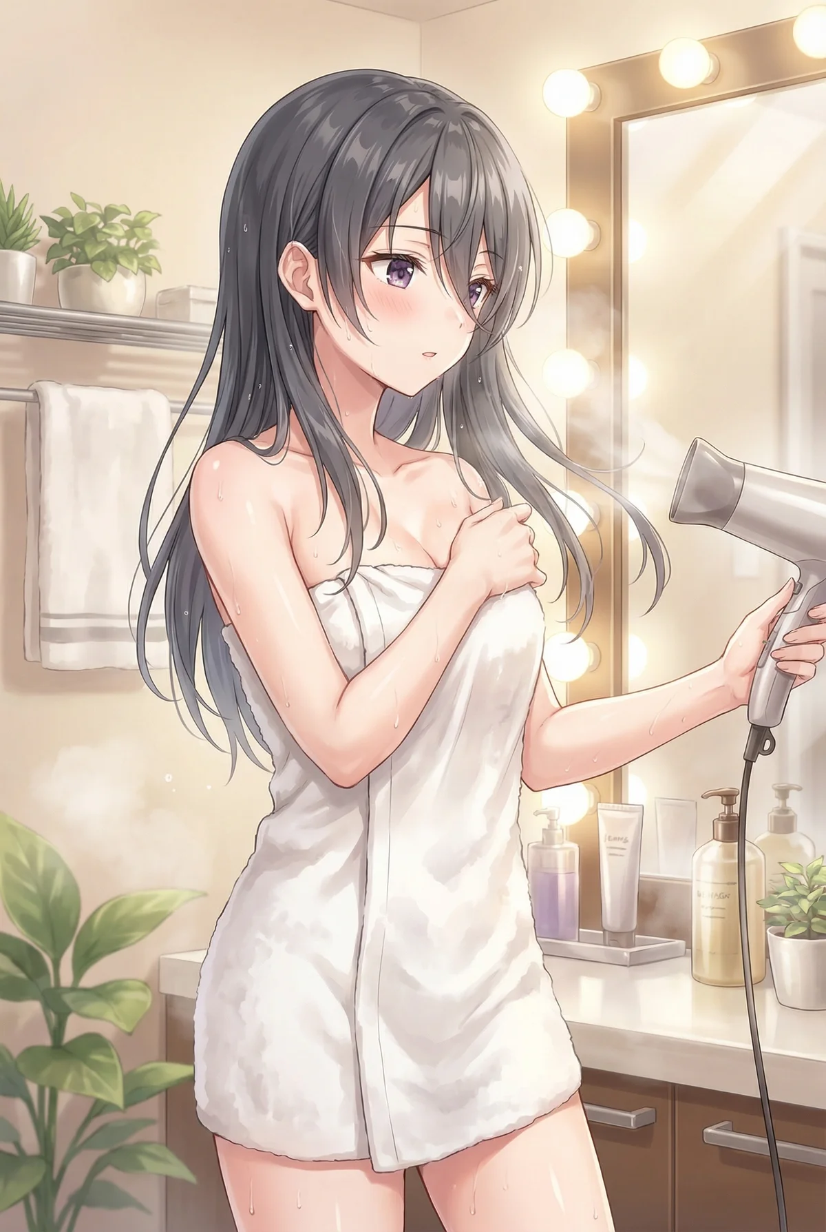 Ayano Kimishima from "Alya Sometimes Hides Her Feelings in Russian" after a bath, wrapped in a towel. She's drying her hair in a steamy bathroom with a shy, blushing face. A cute and intimate moment.