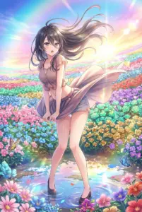 【君嶋 綾乃】虹色の花畑で風に舞う髪とスカート
