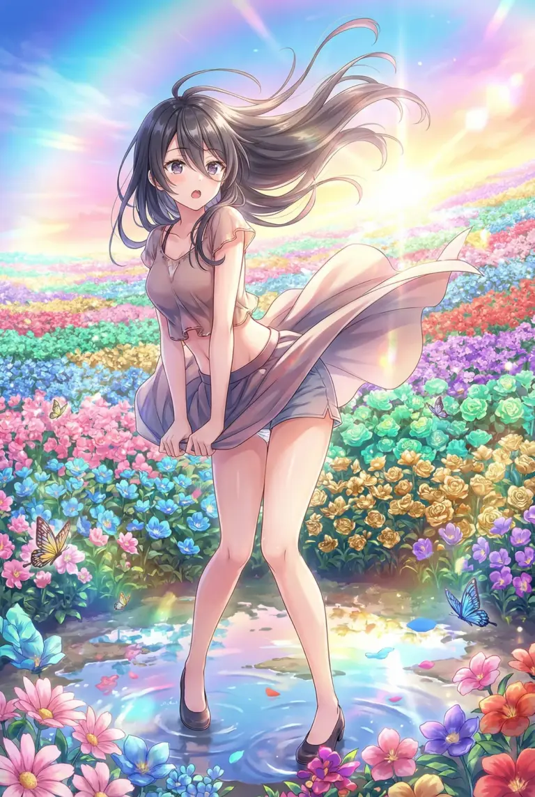 【君嶋 綾乃】虹色の花畑で風に舞う髪とスカート