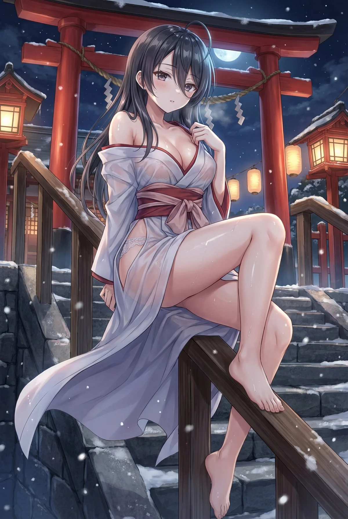 Ayano Kimishima from "Alya Sometimes Hides Her Feelings in Russian" at a snowy shrine under the full moon. Her glistening skin and seductive gaze in a sheer kimono create a captivating, sensual winter night scene.