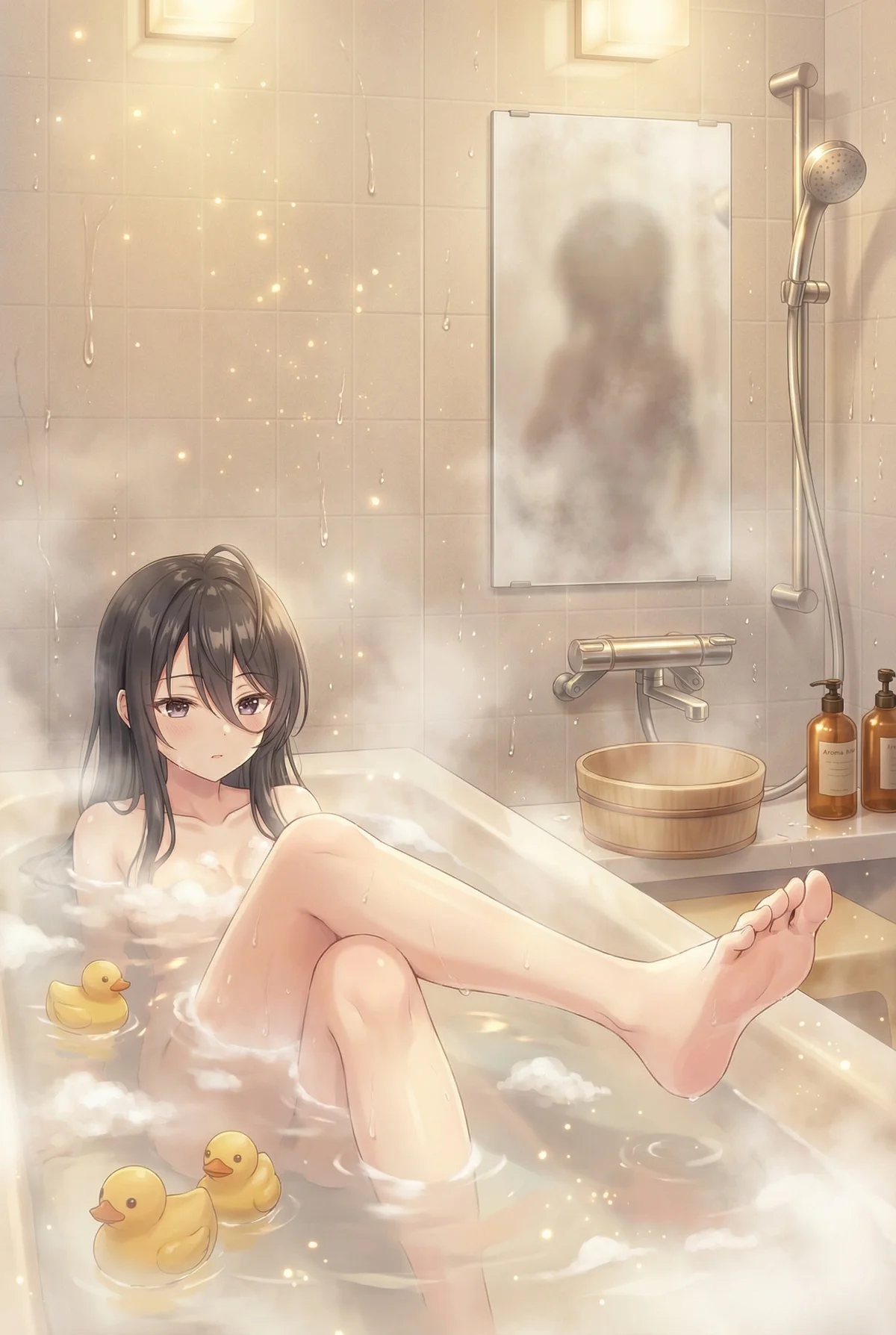 Ayano Kimishima enjoys a relaxing bath surrounded by steam and three adorable rubber ducks. Her slightly melancholic expression adds a charming depth to this peaceful moment of unwinding. A perfect end to a long day.