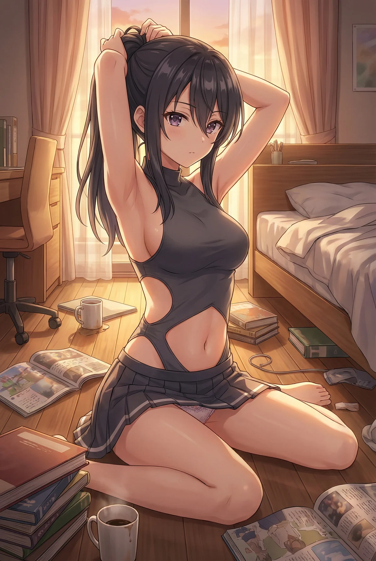 『ロシア語でデレる隣のアーリャさん』の君嶋綾乃が、夕陽が差し込む部屋で髪を結うリラックスしたひととき。カットアウトのトップスが魅力的な日常のワンシーン。