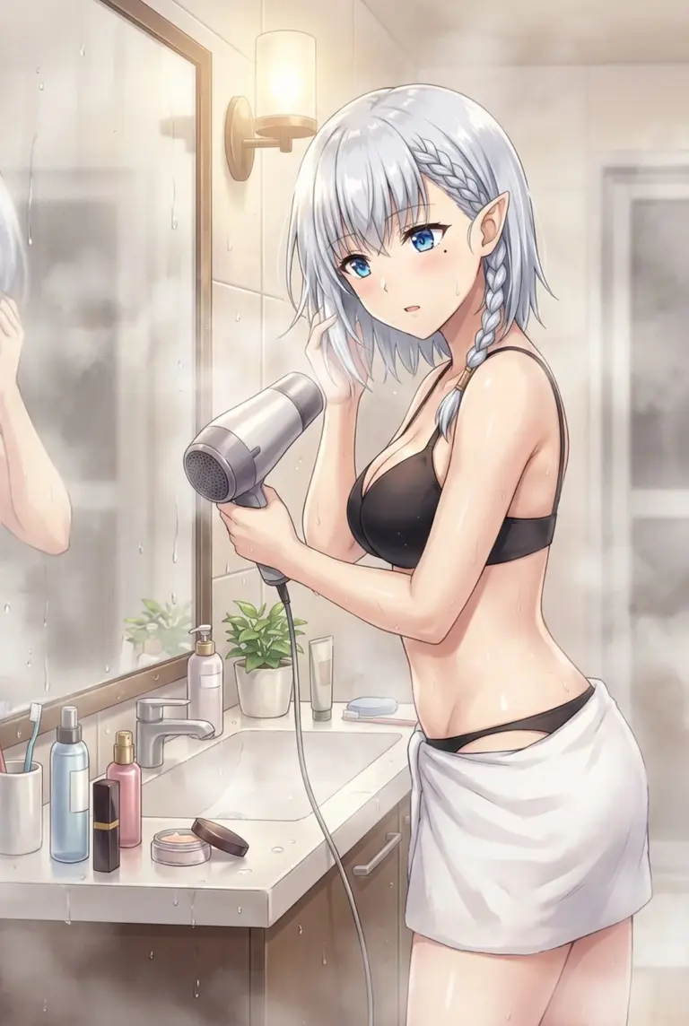 【ベータ】湯上がりのバスルーム、しっとり髪を乾かす