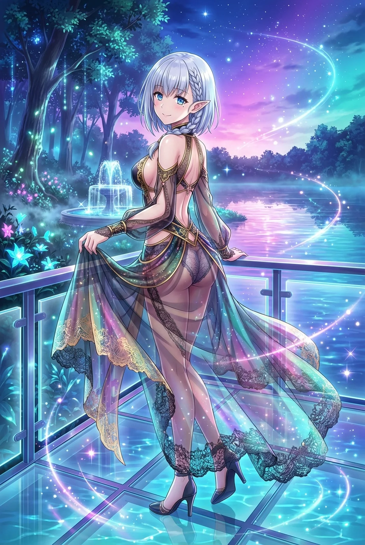 Beta from The Eminence in Shadow smiles in an enchanting night garden, adorned in a shimmering sheer dress. Sparkling particles dance around her, creating a mystical atmosphere. The beautiful pond and fountain glow, revealing a dreamlike world.