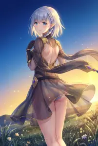 【ベータ】夕焼けに染まる草原で微笑む麗しの姿