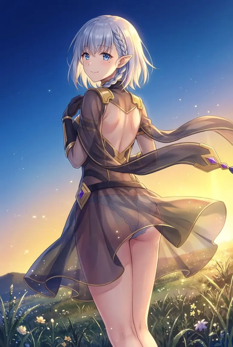 【ベータ】夕焼けに染まる草原で微笑む麗しの姿