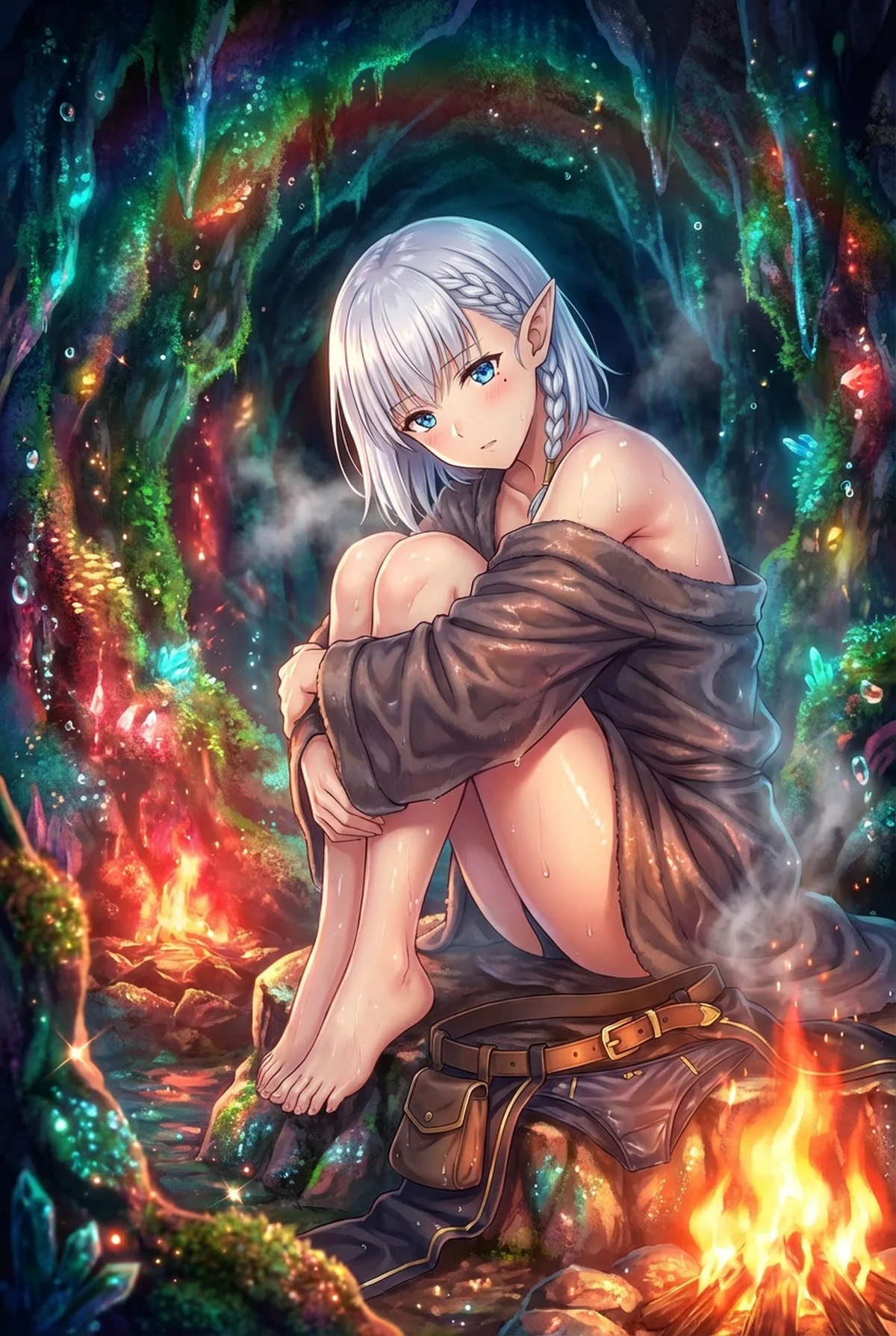 『陰の実力者になりたくて!』のベータが、神秘的な輝きを放つ洞窟の焚き火で暖をとる姿。はにかんだような表情でこちらを見つめる彼女の繊細な美しさが際立つ幻想的な一枚。