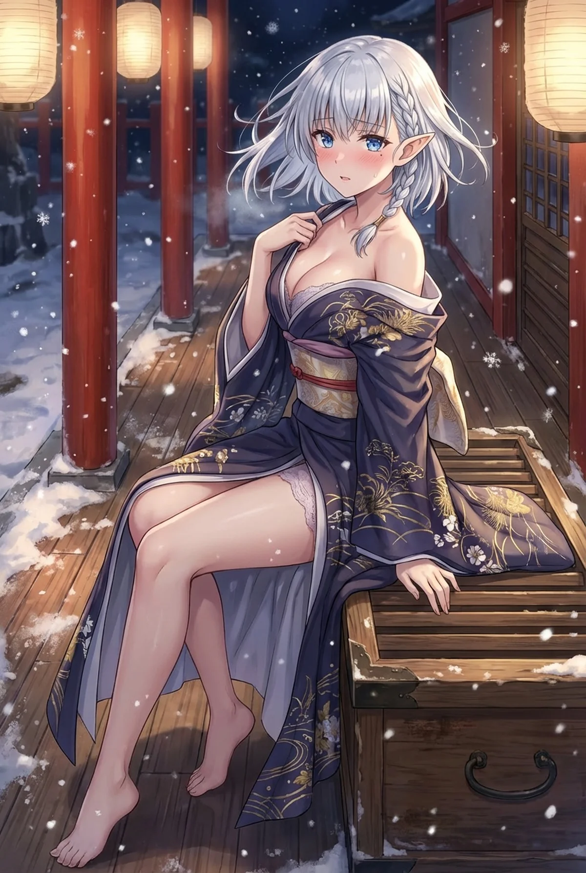 『陰の実力者になりたくて!』のベータが、雪降る夜、艶やかな着物姿で佇む。はだけた着物と上気した頬が、冬の寒さとは対照的な妖艶な魅力を放つ。