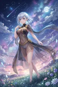 Beta’s Ethereal Dance: Starry Night in a Blooming Meadow