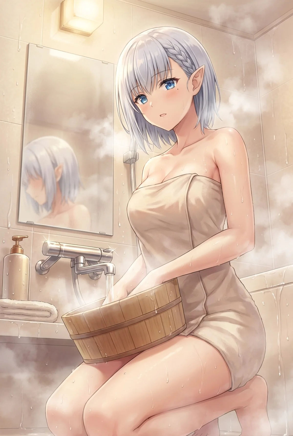 Beta from "The Eminence in Shadow!" prepares for a relaxing bath in a steamy bathroom. Wrapped in a towel, she fills a wooden bucket, creating a charming and tranquil scene.
