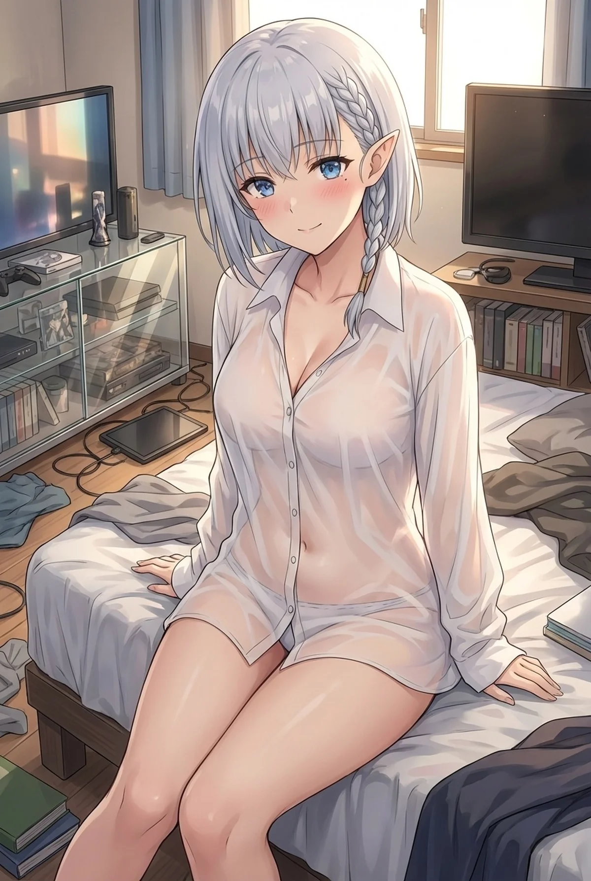 「陰の実力者になりたくて！」のベータが、濡れた白いシャツをまとってベッドに座り、優しく微笑んでいます。銀髪とエルフ耳が特徴的で、リラックスしたプライベートな瞬間を捉えた一枚です。