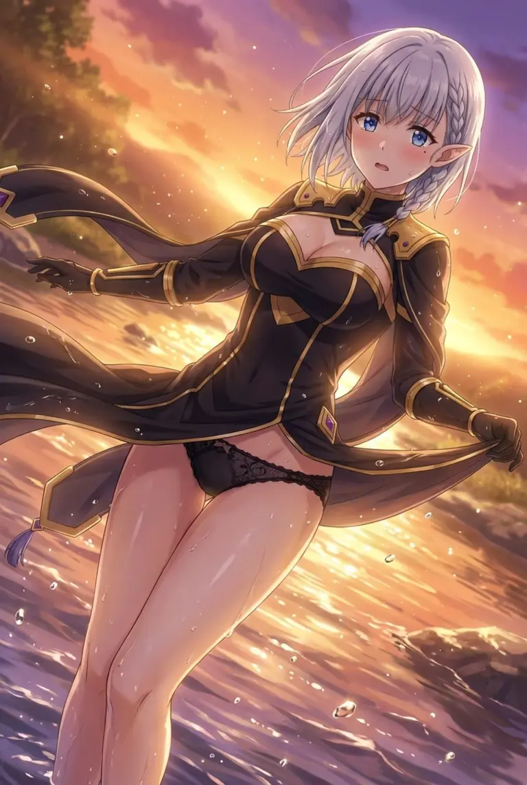 【ベータ】夕焼けの水辺、濡れた衣装が露わに