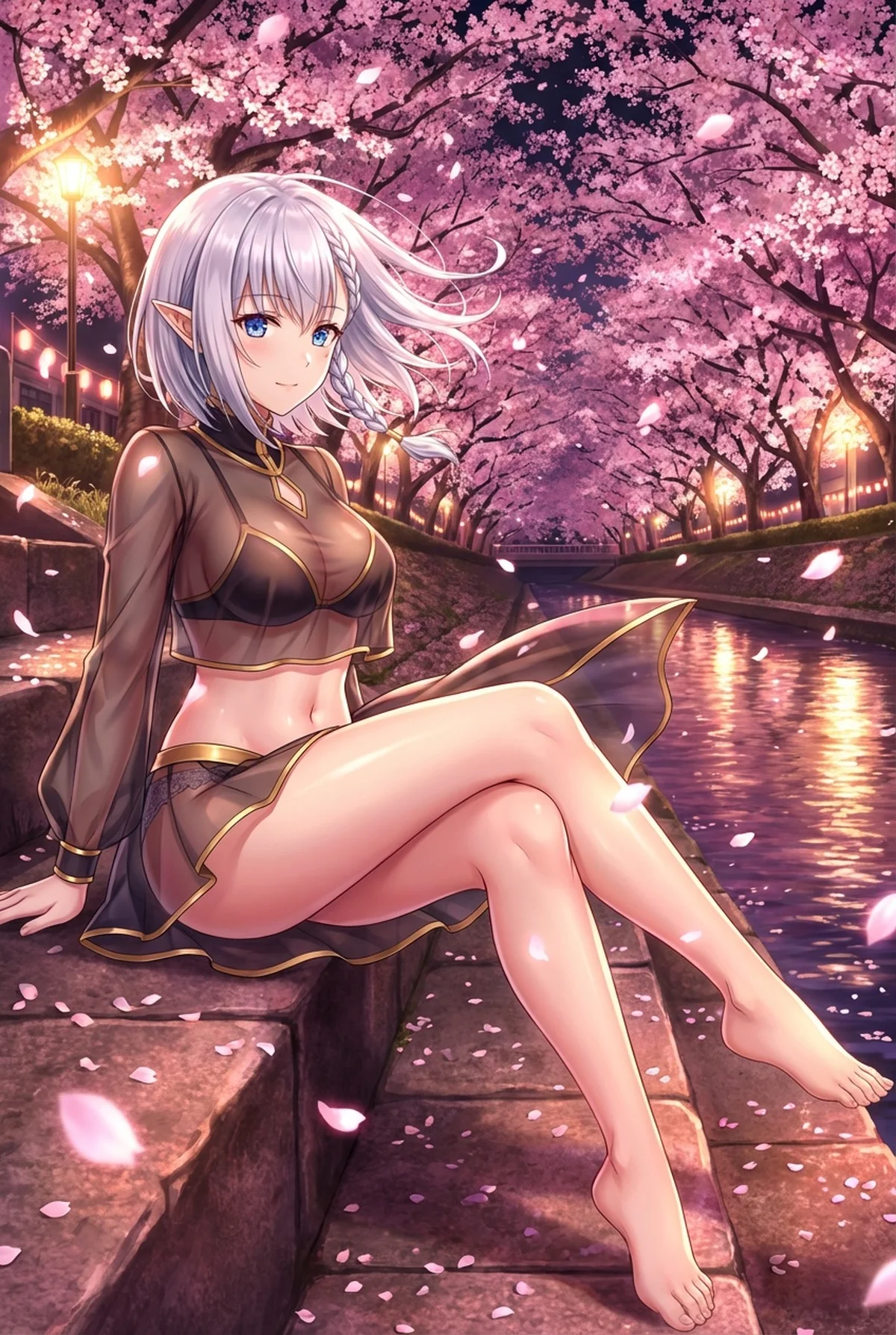「陰の実力者になりたくて!」のベータが、幻想的な夜桜が舞う川辺に座り、透ける衣装で微笑む姿。水面に映る灯りと花びらが、彼女の魅力を一層引き立てています。