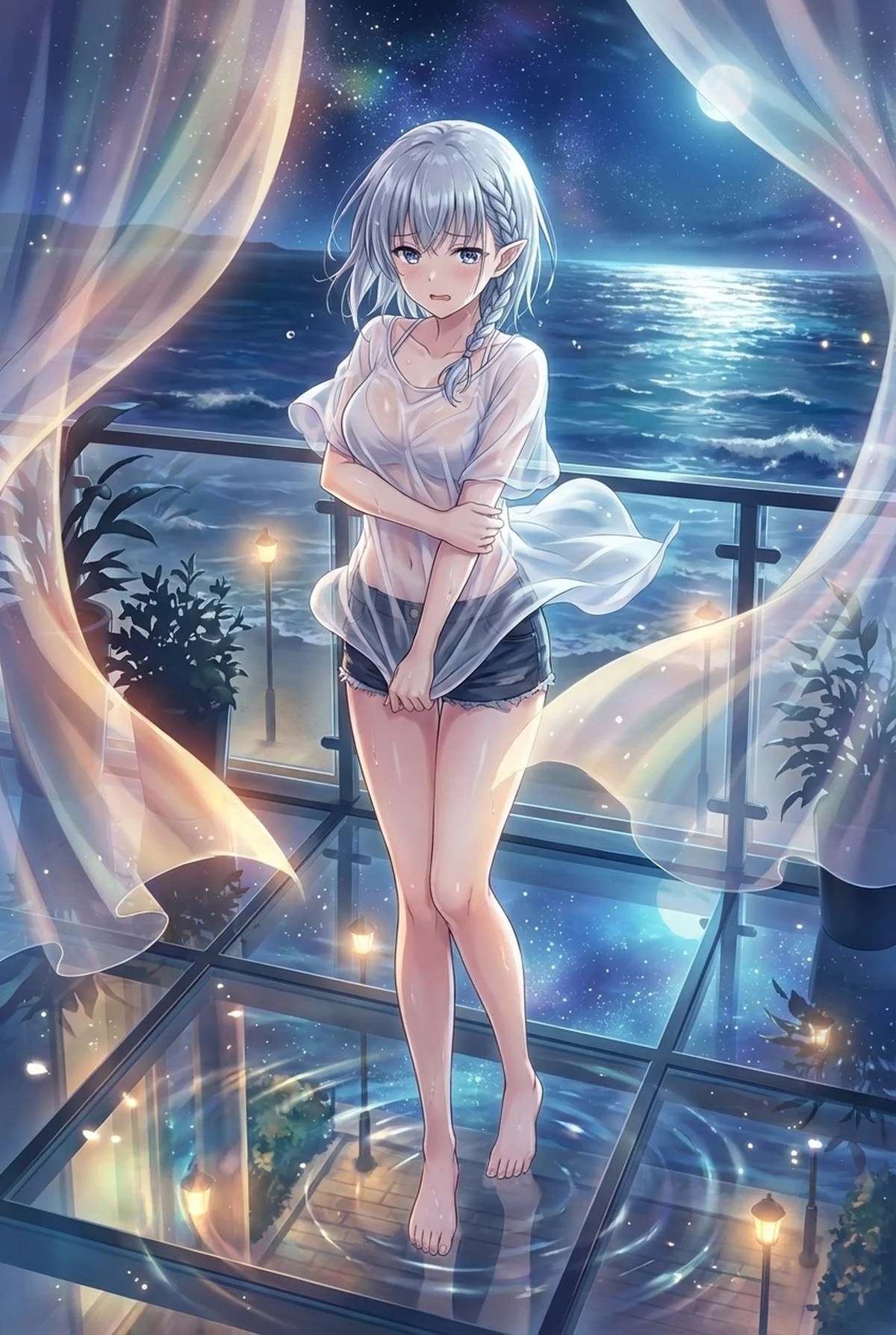 Beta from "The Eminence in Shadow!" on a moonlit, star-filled seaside balcony. Her thin clothes cling wetly, revealing her silhouette, with a charmingly bashful expression.