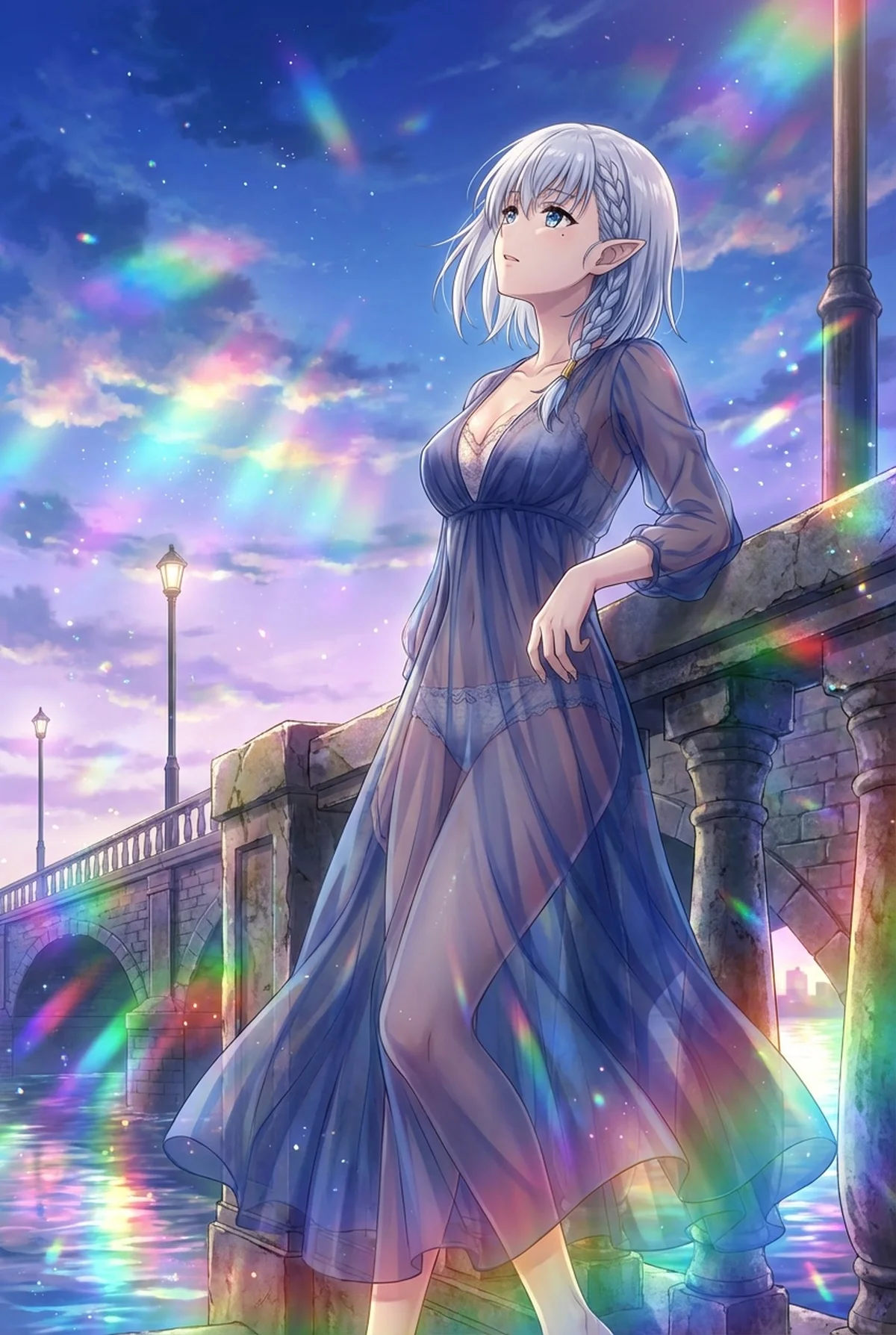 Beta from Eminence in Shadow in a sheer blue dress, stands by a bridge under a rainbow twilight, gazing skyward.
