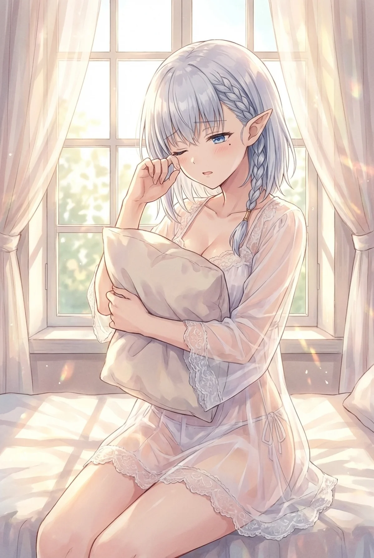 Beta from 'The Eminence in Shadow' wakes up in a sheer white nightgown, rubbing sleepy eyes. Bathed in soft morning sunlight by the window, holding a pillow, she creates a serene and charming scene.