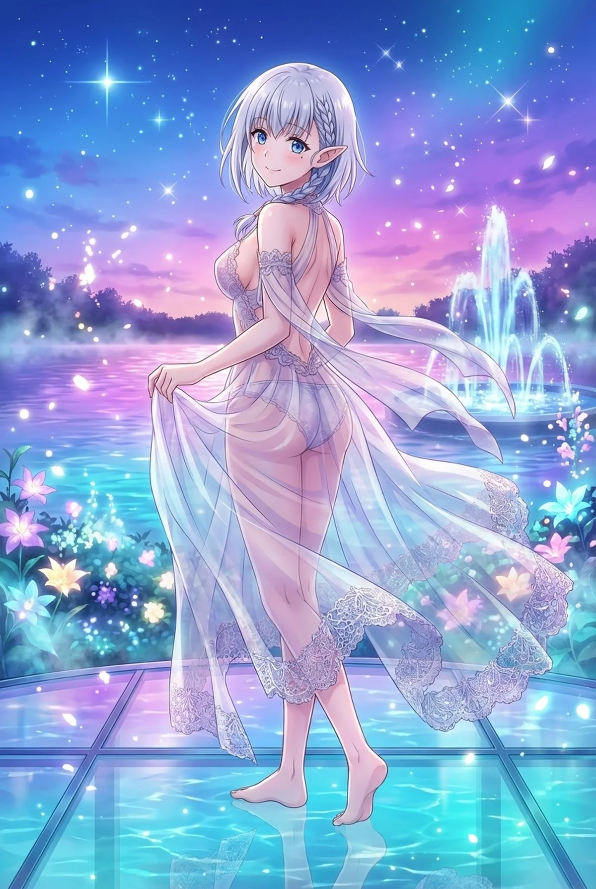 Beta from 'The Eminence in Shadow' glides through a mystical starlit garden. Her sheer, elegant dress highlights her enchanting beauty.