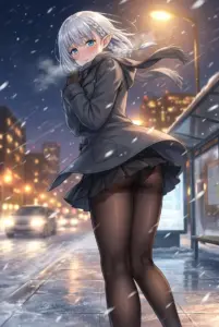 【ベータ】雪の夜、バス停で待つベータの赤らむ頬