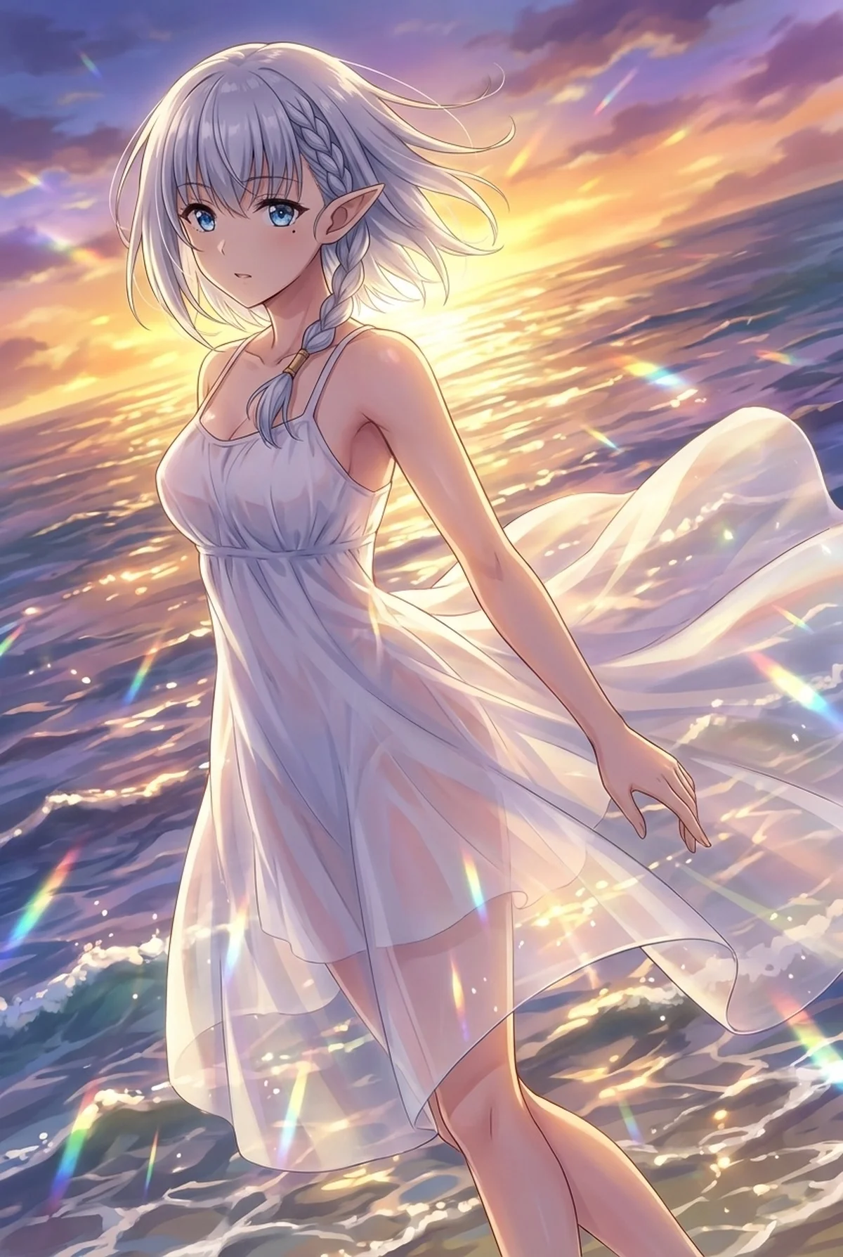 Beta from The Eminence in Shadow! on a sunset beach. White dress, sparkling waves, magical & serene.