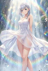 【ベータ】水しぶきと虹色の白いドレス姿