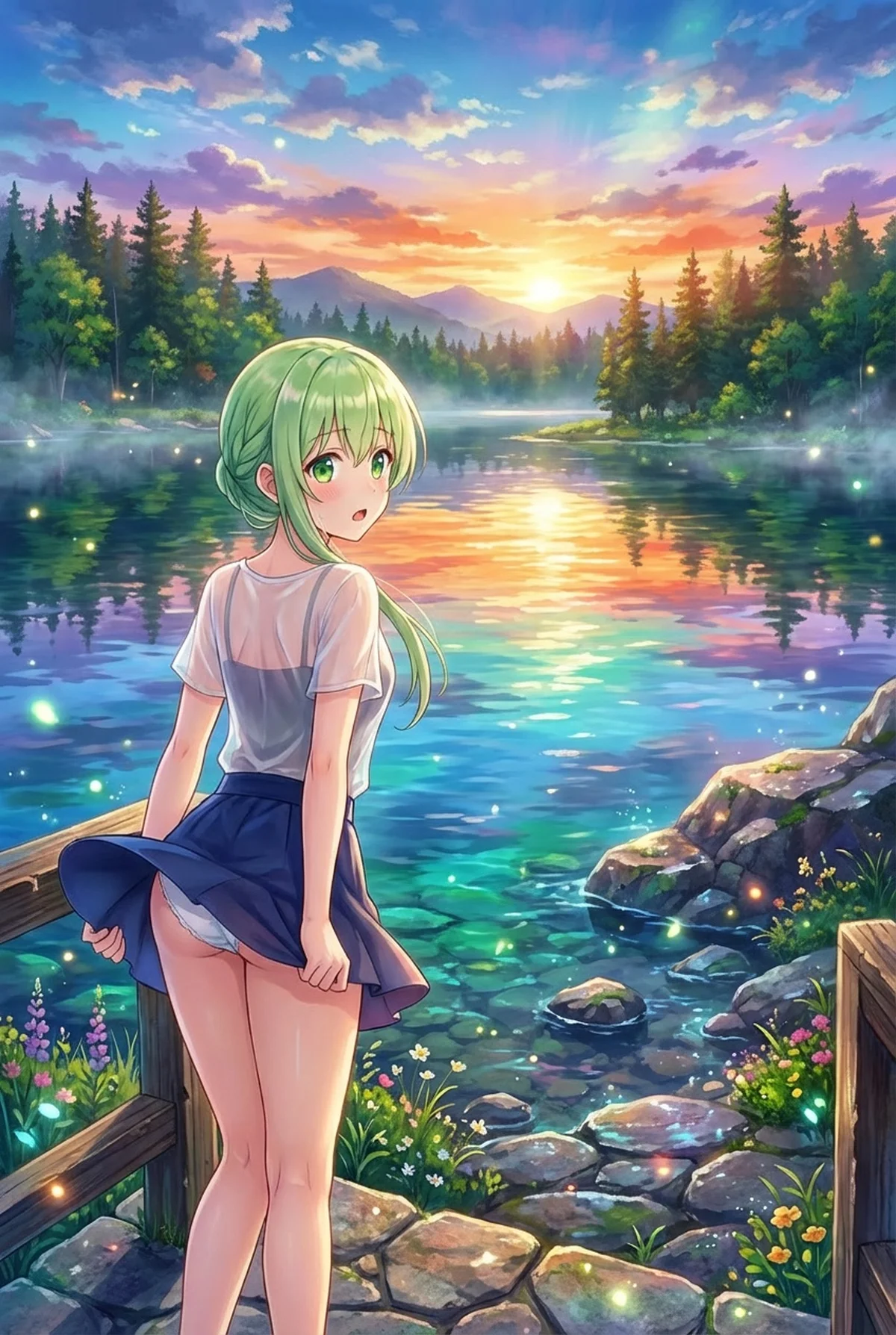 「白聖女と黒牧師」のセシリアが、夕焼けに輝く湖畔で振り返った瞬間。可憐な笑顔と神秘的な光景が融合し、スカートから覗く白いインナーがドキッとさせる一枚。幻想的な美しさに引き込まれます。