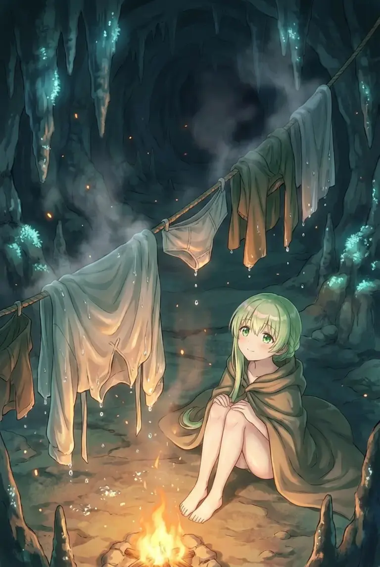 【セシリア】洞窟の焚き火で暖まる夜