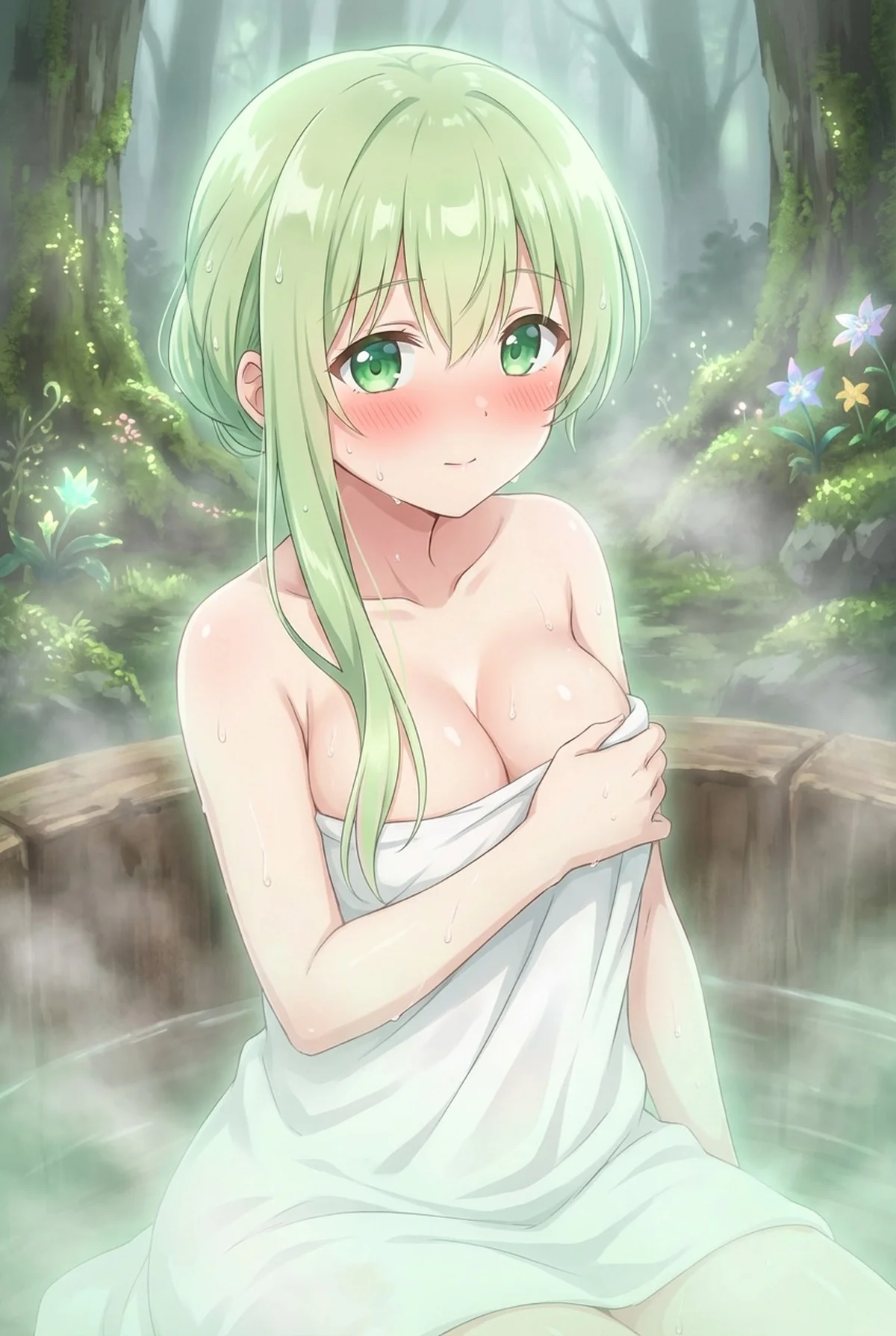 Cecilia enjoys a mystical forest hot spring. Blushing, shy, and towel-wrapped, her gaze is truly heartwarming.