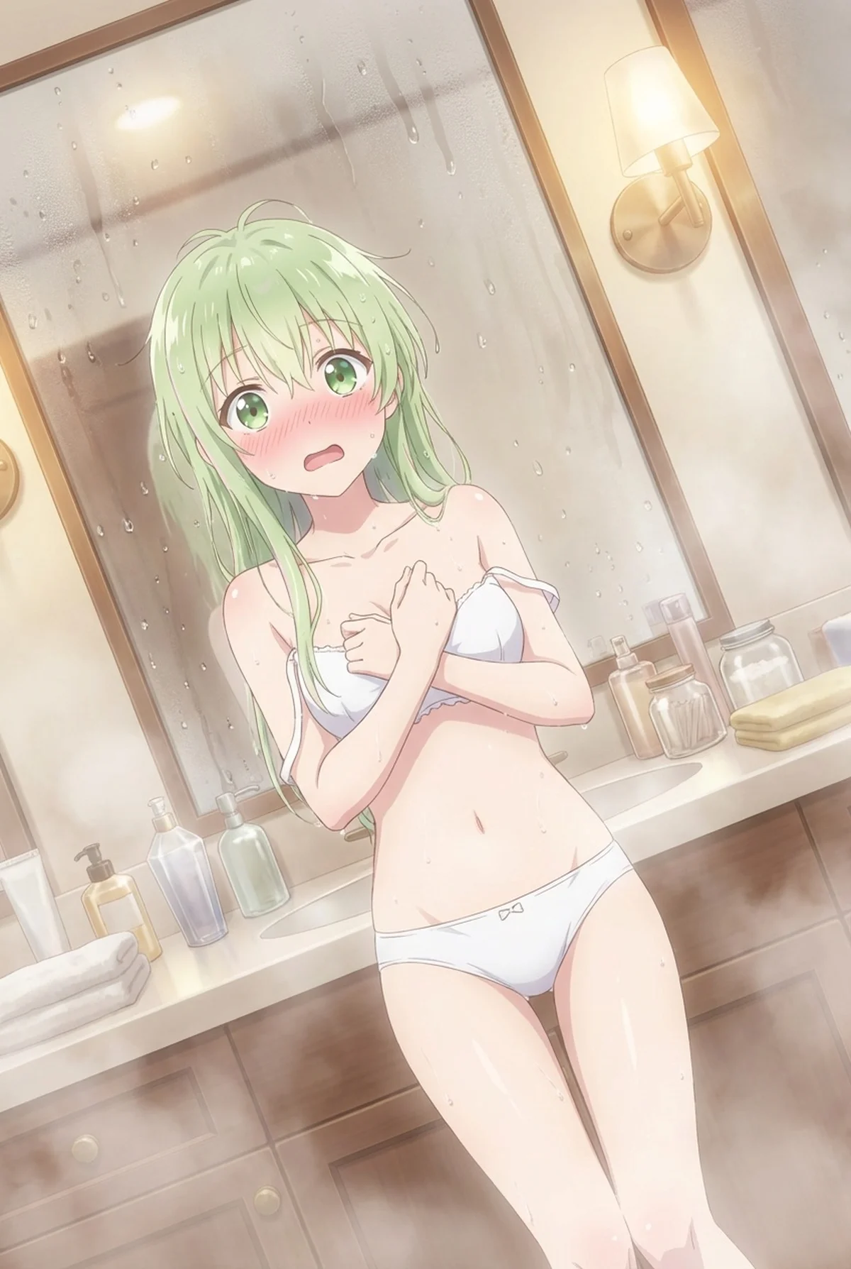 Cecilia from "Saint Cecilia and Pastor Lawrence" is caught in a steamy bathroom, shyly covering her chest. Her blushing face and hesitant expression in this warm, post-bath setting are incredibly endearing.