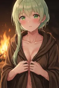 【セシリア】焚き火で火照る体に汗と恥じらい