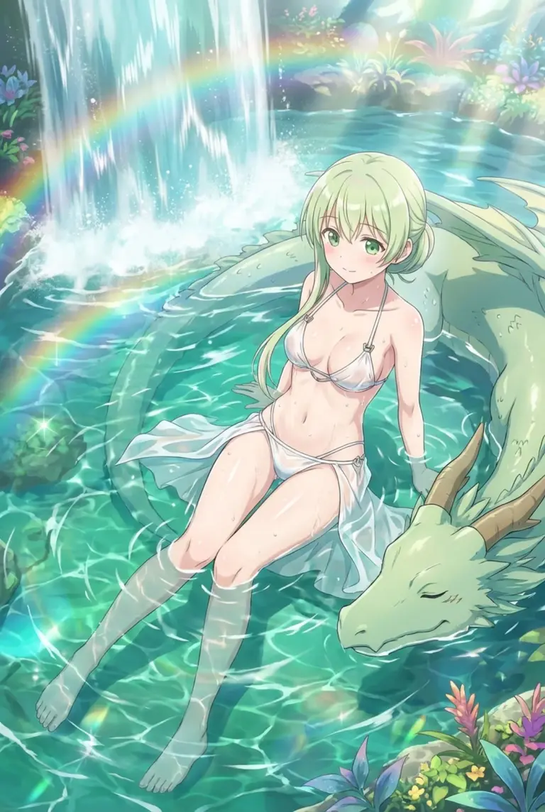 【セシリア】虹と清流：水着姿でドラゴンと安らぎ