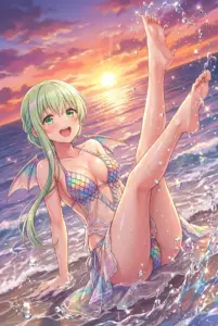 【セシリア】夕焼けの海で水着姿のセシリアが波と戯れる