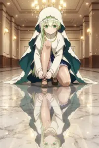 【セシリア】美しい床に映る姿、靴紐を結ぶ聖女