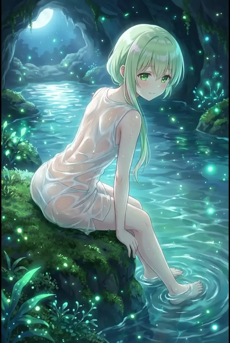 【セシリア】月夜の神秘的な水辺で濡れた姿