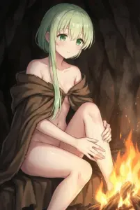 【セシリア】洞窟の焚き火で暖をとる聖女