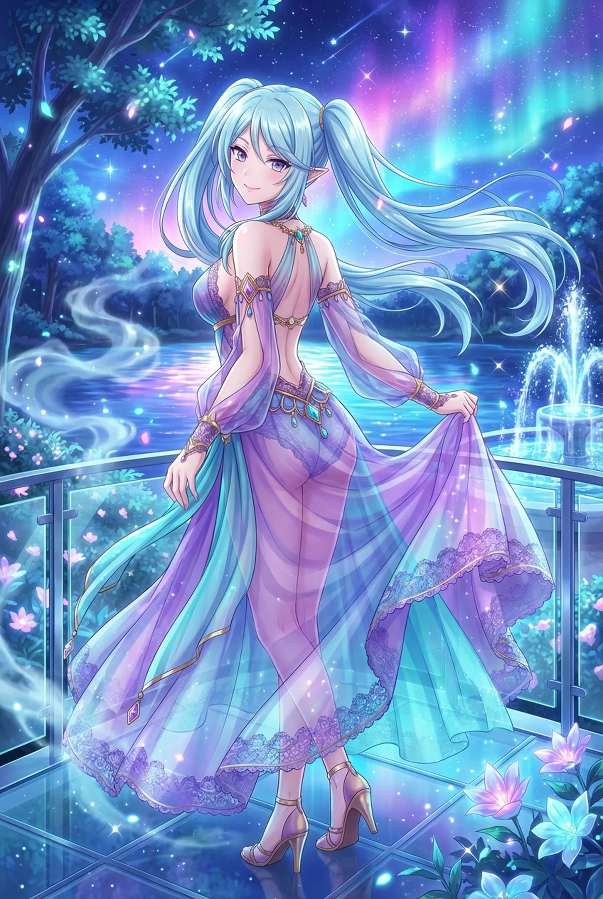 『陰の実力者になりたくて!』のイプシロンが、オーロラ輝く幻想的な夜空の下、シースルーの優美なドレスを纏い微笑む姿。水面に映る光も美しい神秘的な一枚です。