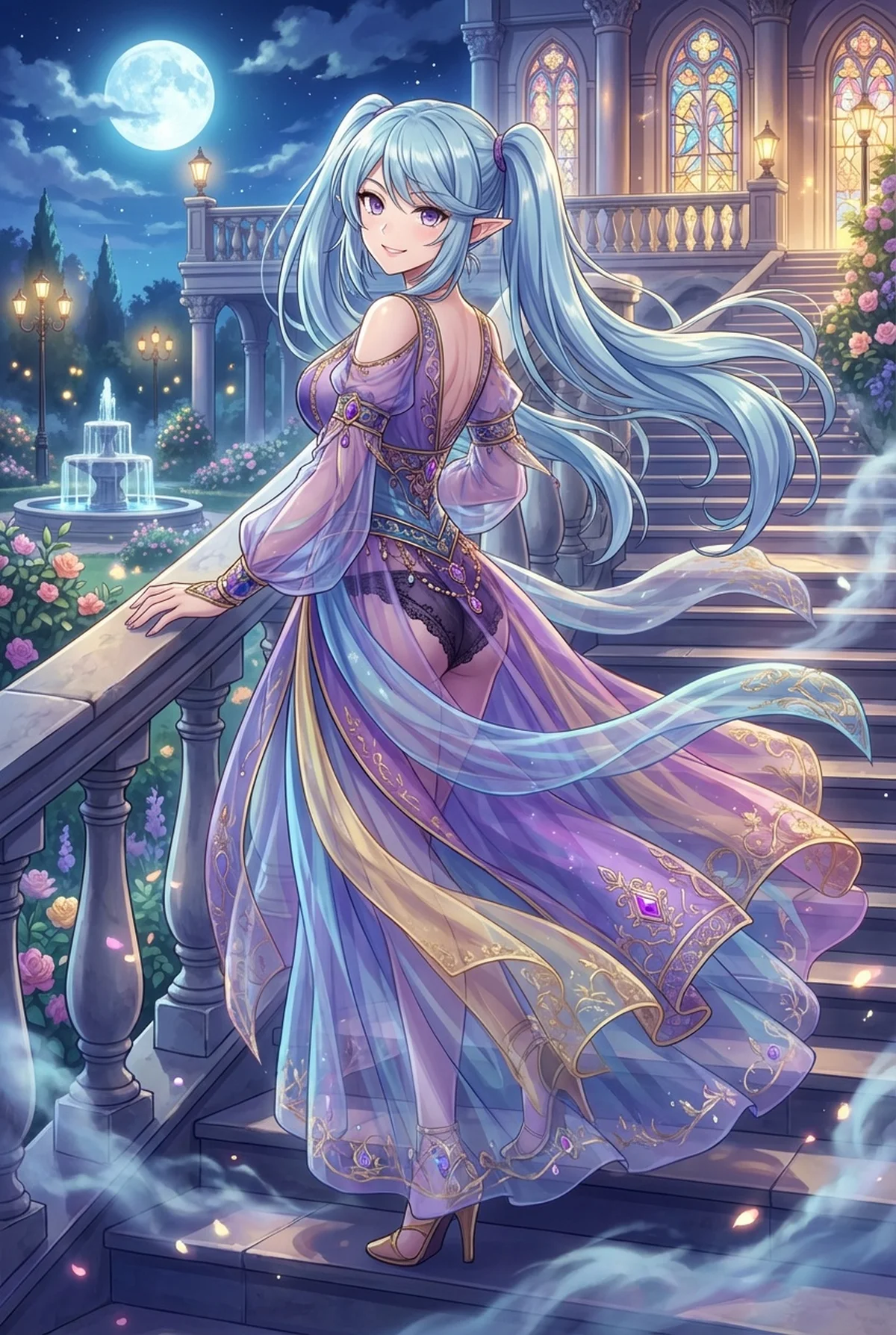 『陰の実力者になりたくて!』のイプシロンが、満月の夜、華麗なドレスをまとって優雅に館の階段を降りる。ミストが漂う神秘的な情景と、彼女の自信に満ちた微笑みが魅力的。