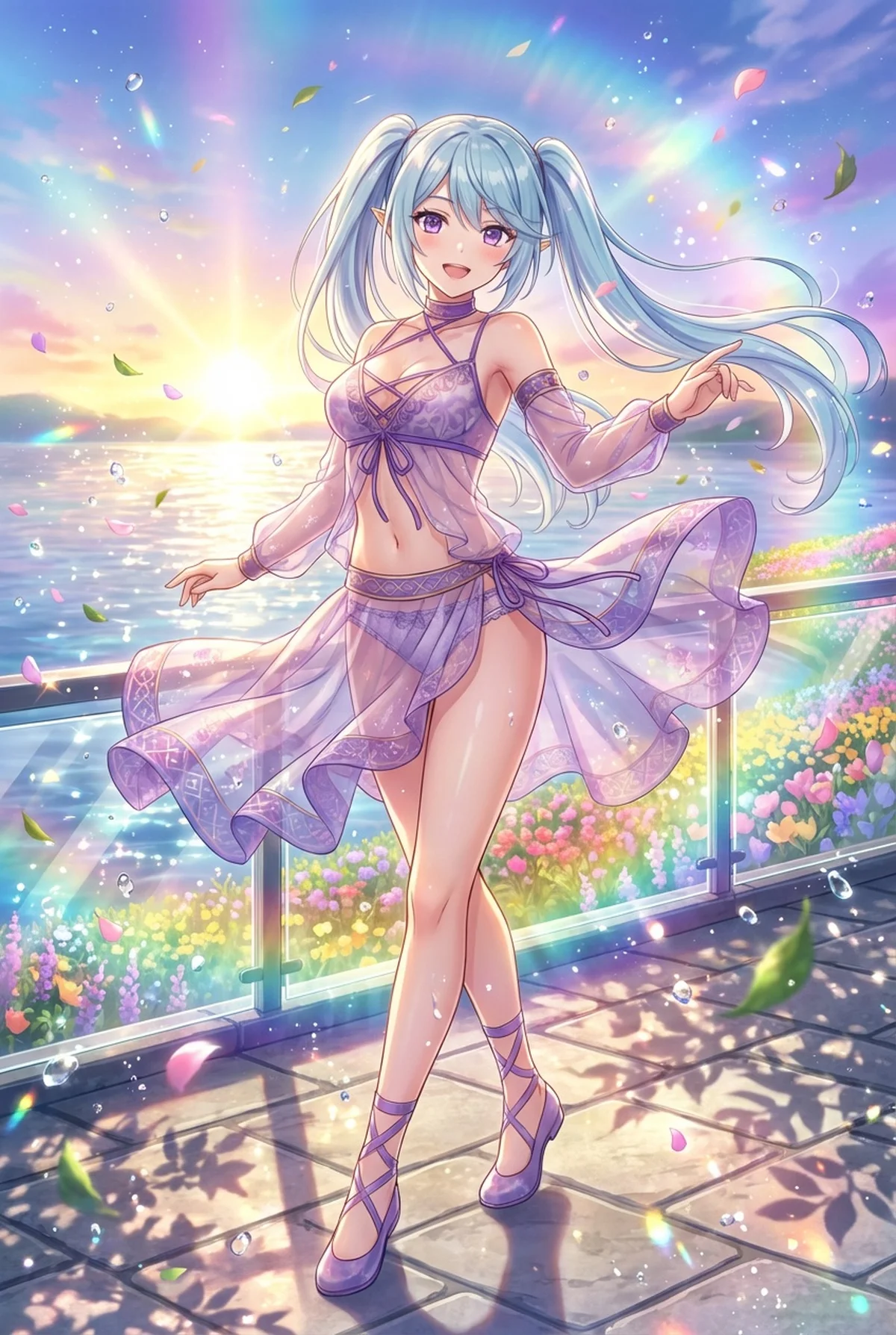 「陰の実力者になりたくて!」のイプシロンが、夕焼けに染まるビーチで優雅に微笑む姿を描いたイラスト。虹色の空と水辺、舞い散る花びらが幻想的な夏の瞬間を演出します。