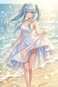 【イプシロン】輝く海辺、白いドレスで微笑む