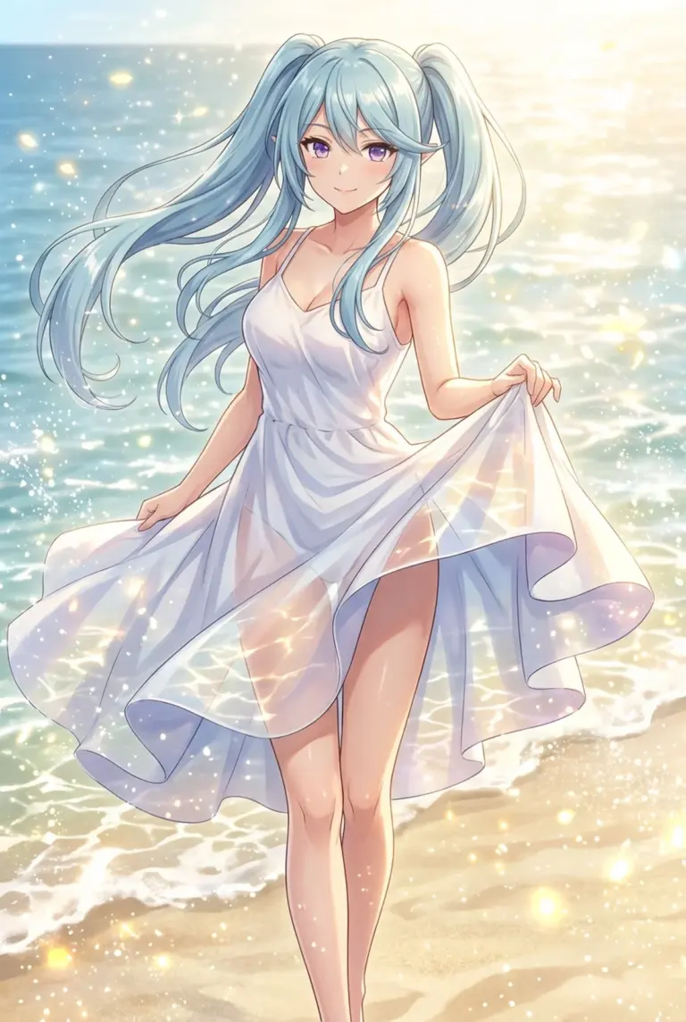 【イプシロン】輝く海辺、白いドレスで微笑む