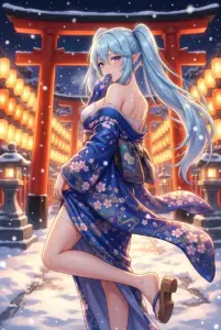 Epsilon’s Alluring Kimono Night at a Snowy Shrine Path