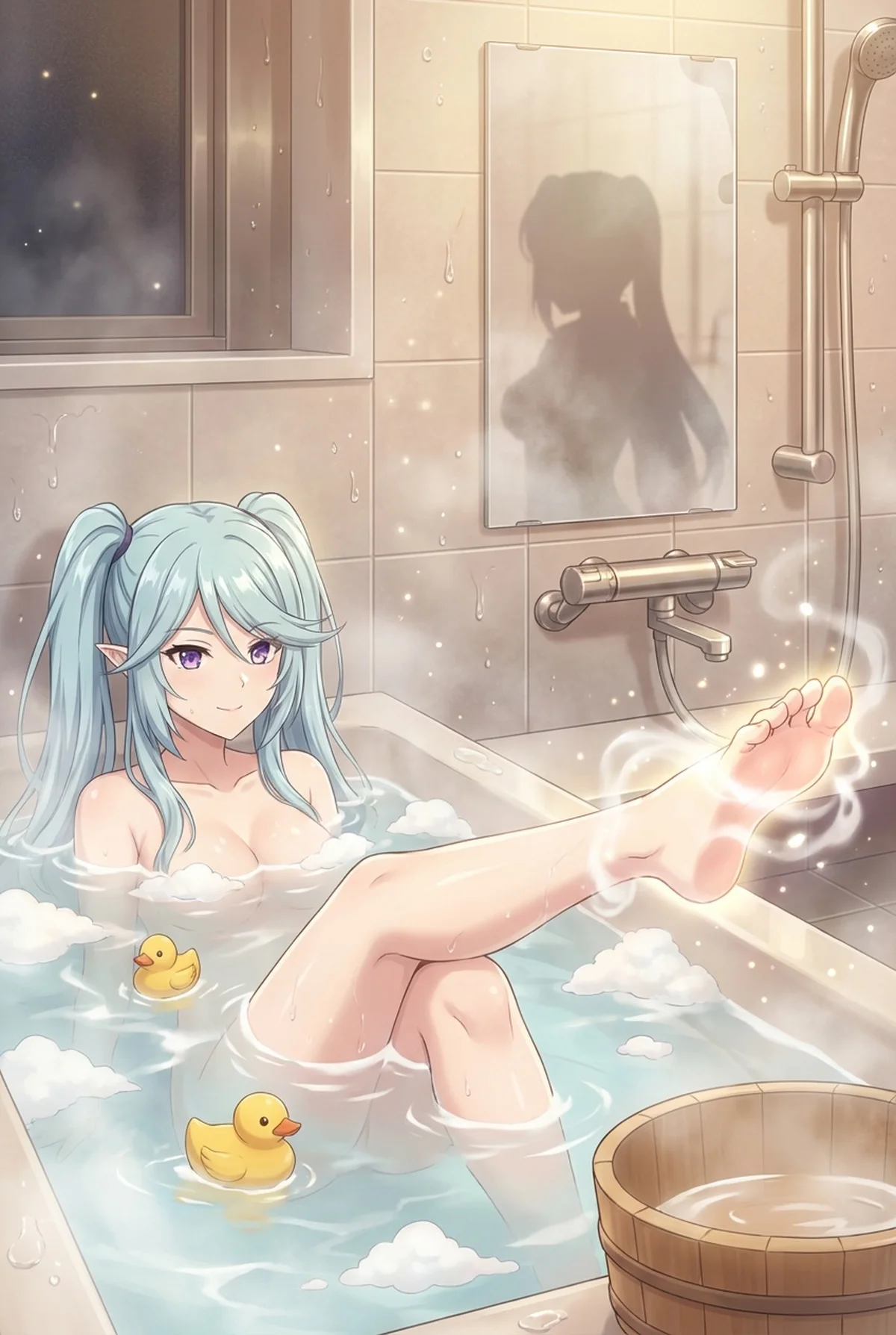 「陰の実力者になりたくて!」のイプシロンが、湯気に包まれたバスタブで優雅なバスタイムを満喫。アヒルのおもちゃと共に、柔らかな笑顔でリラックスした表情を見せています。湯気が立ち上る幻想的な雰囲気が魅力的な一枚です。