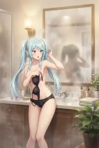 Epsilon’s Steamy Post-Shower Moment: Caught in Black Lingerie