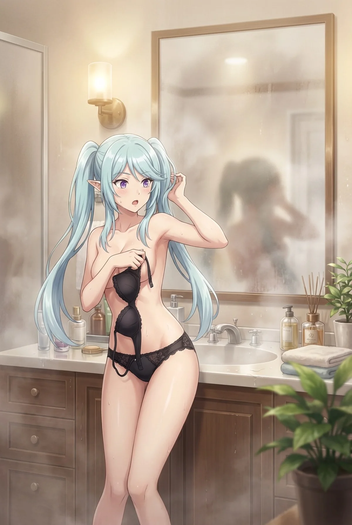 Epsilon from The Eminence in Shadow caught post-shower in a steamy bathroom, holding her black bra with a flustered expression.